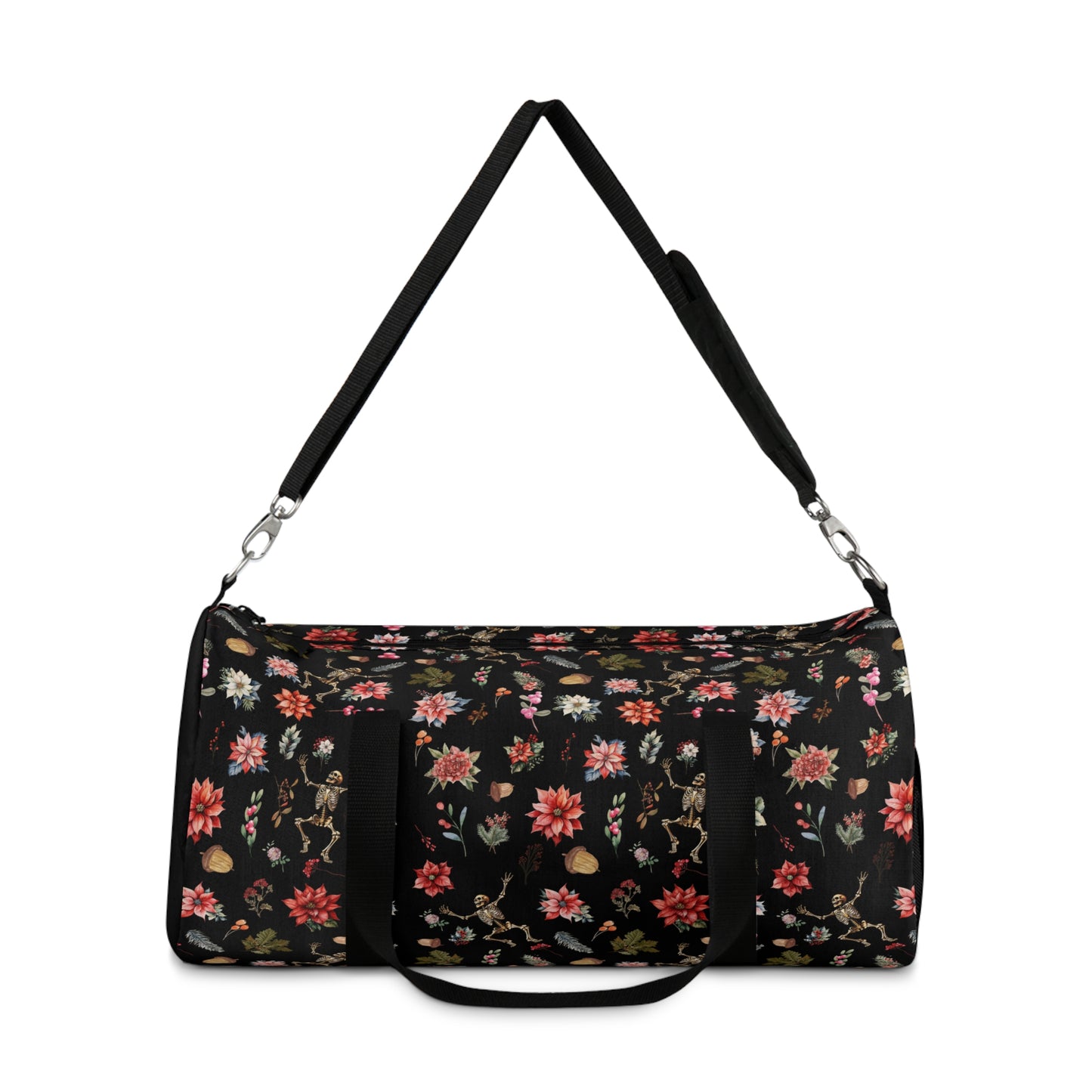 Skeleton and Poinsetta Christmas Duffle Bag - Lightweight Custom Printed Gym Bag for Holiday Cheer