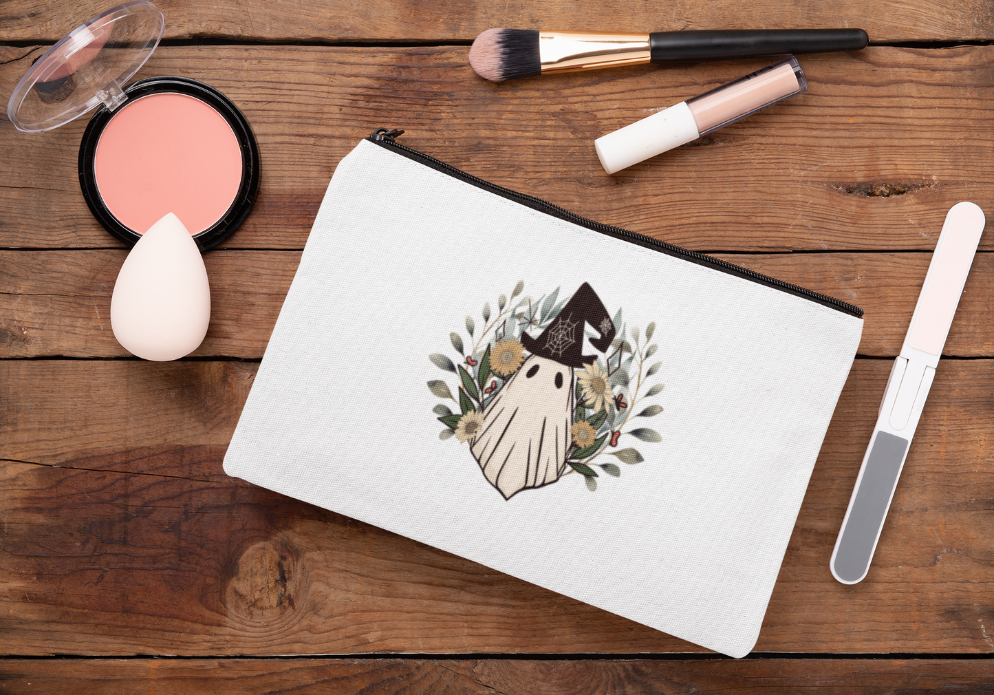 Vintage Style Ghost Print Pencil Case - Retro Accessory Pouch
