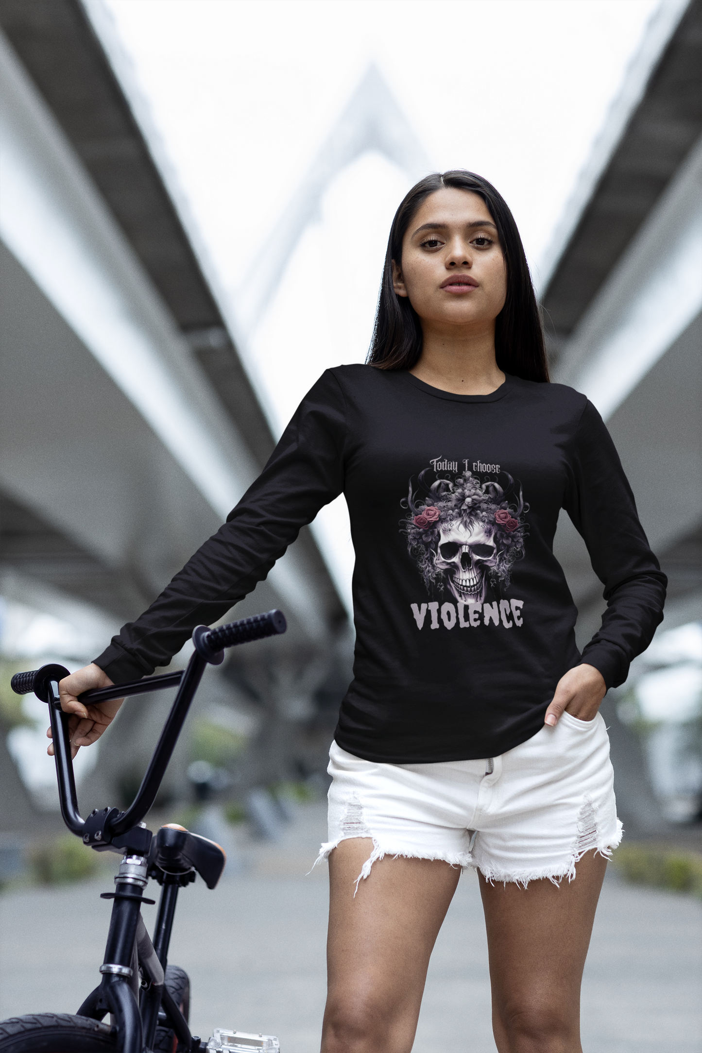 Gothic Floral Skull Long Sleeve Tee - Unisex Jersey Shirt for Edgy Fashion Enthusiasts