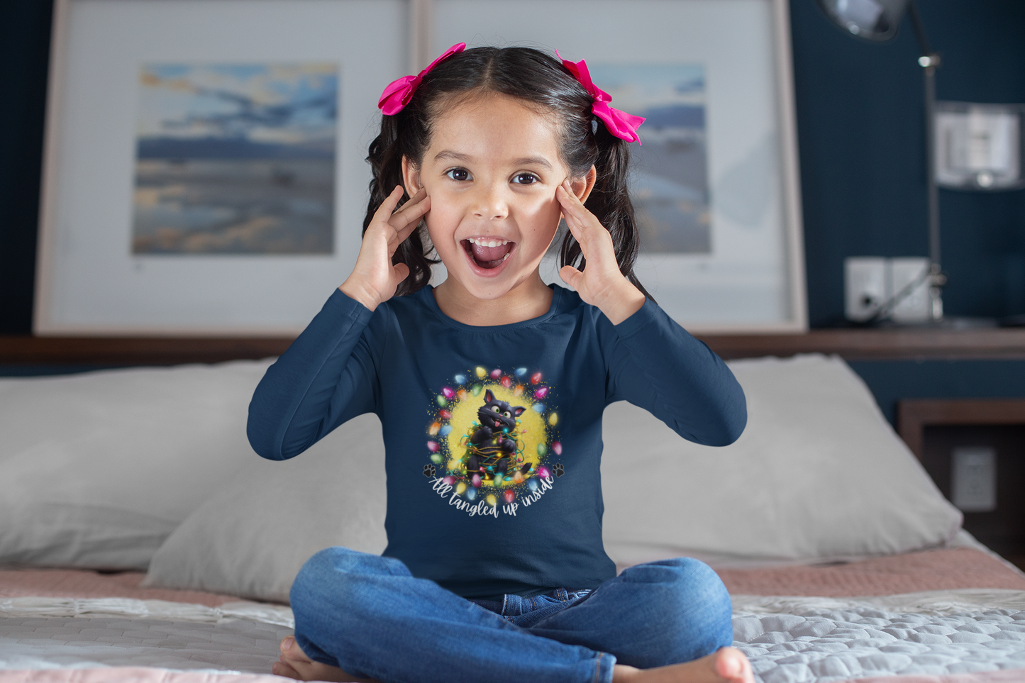Whimsical Christmas Cat Toddler Long Sleeve Tee - A Festive Tangle of Fun!