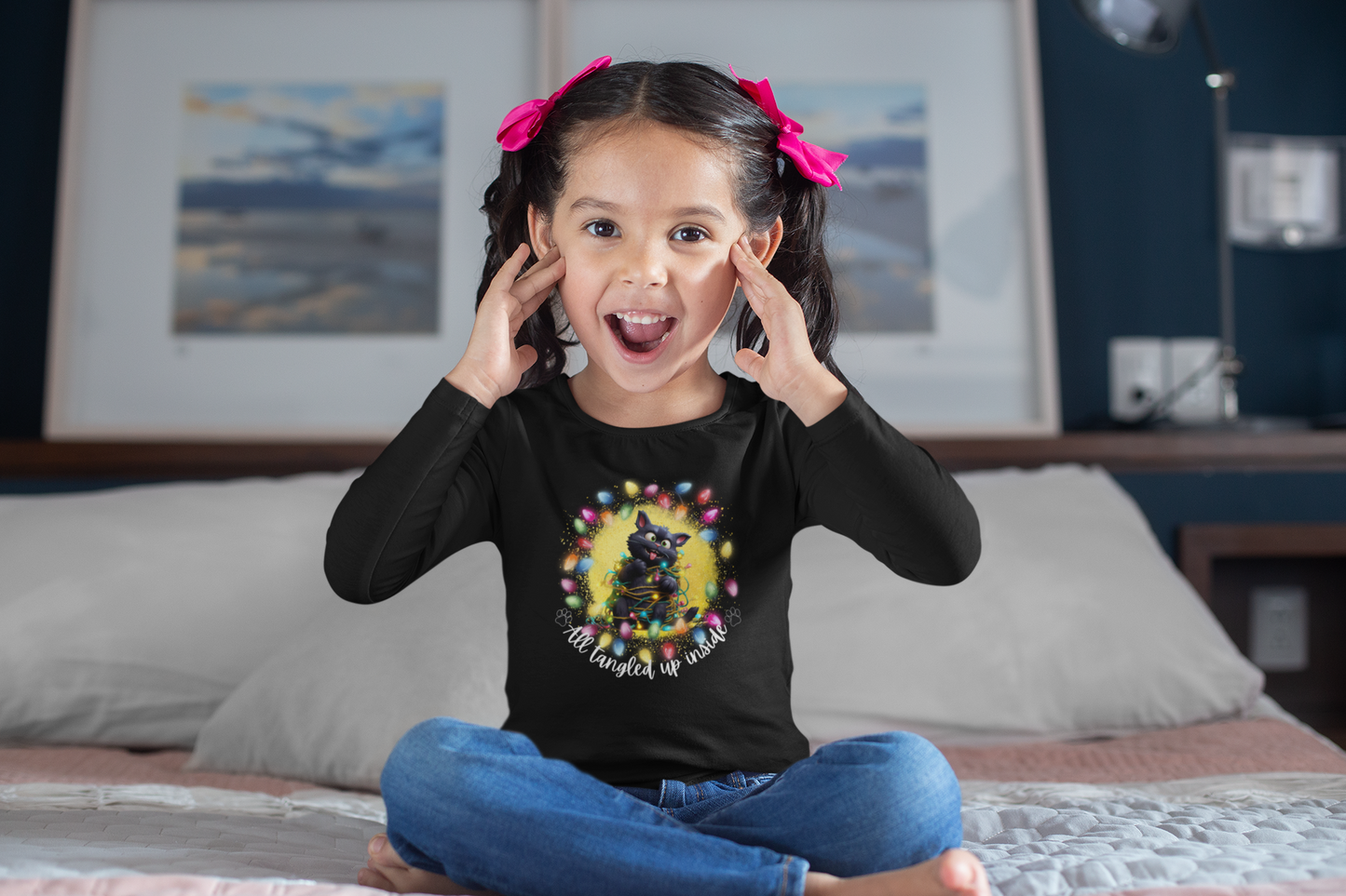 Whimsical Christmas Cat Toddler Long Sleeve Tee - A Festive Tangle of Fun!