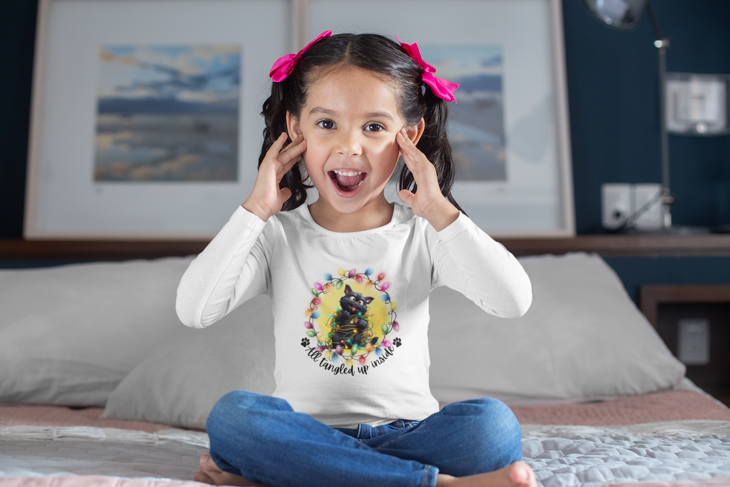Whimsical Christmas Cat Toddler Long Sleeve Tee - A Festive Tangle of Fun!
