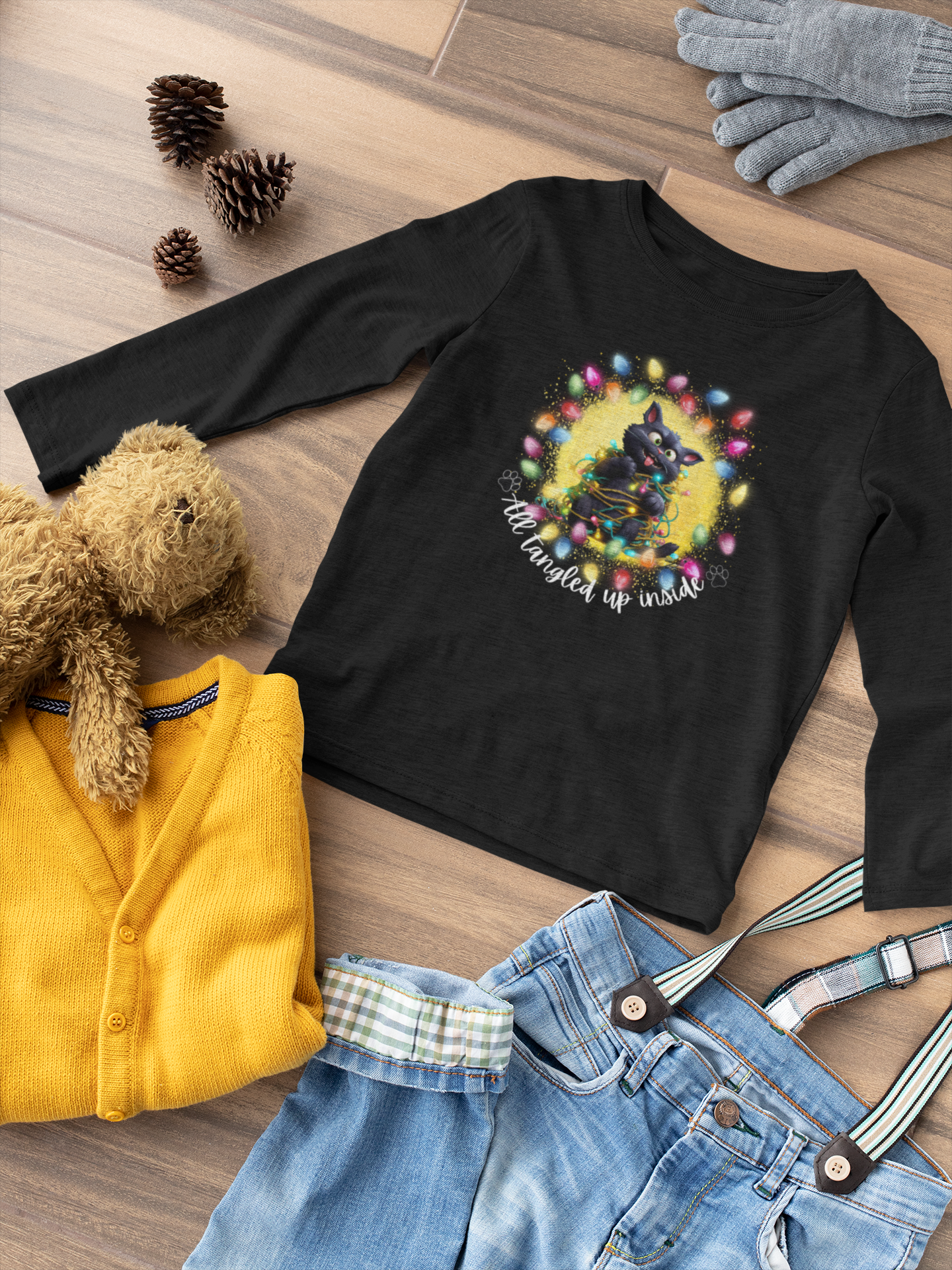 Whimsical Christmas Cat Toddler Long Sleeve Tee - A Festive Tangle of Fun!