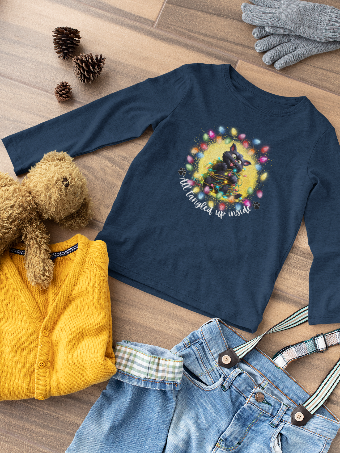 Whimsical Christmas Cat Toddler Long Sleeve Tee - A Festive Tangle of Fun!