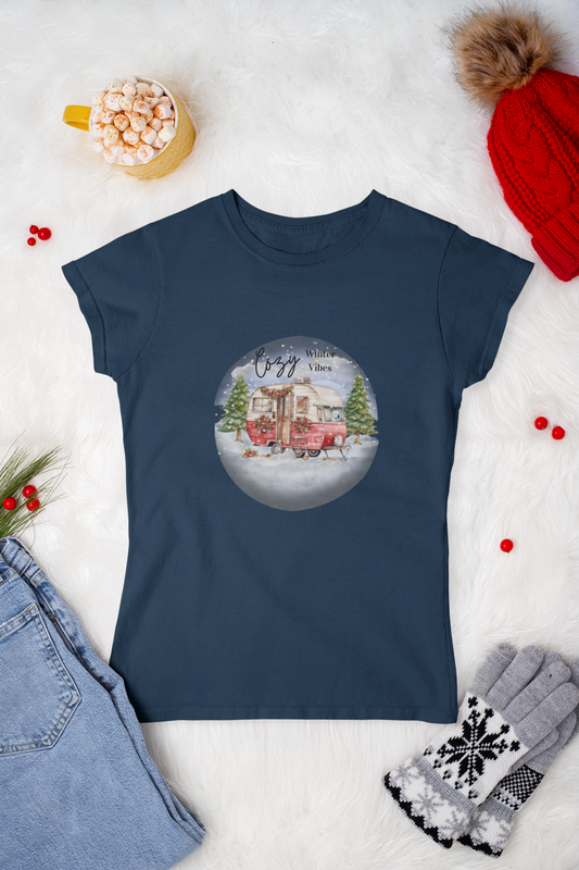 Christmas Camper Women's Tee | Cozy Winter Vibes | Slim Fit with Longer Length | Perfect Holiday Gift