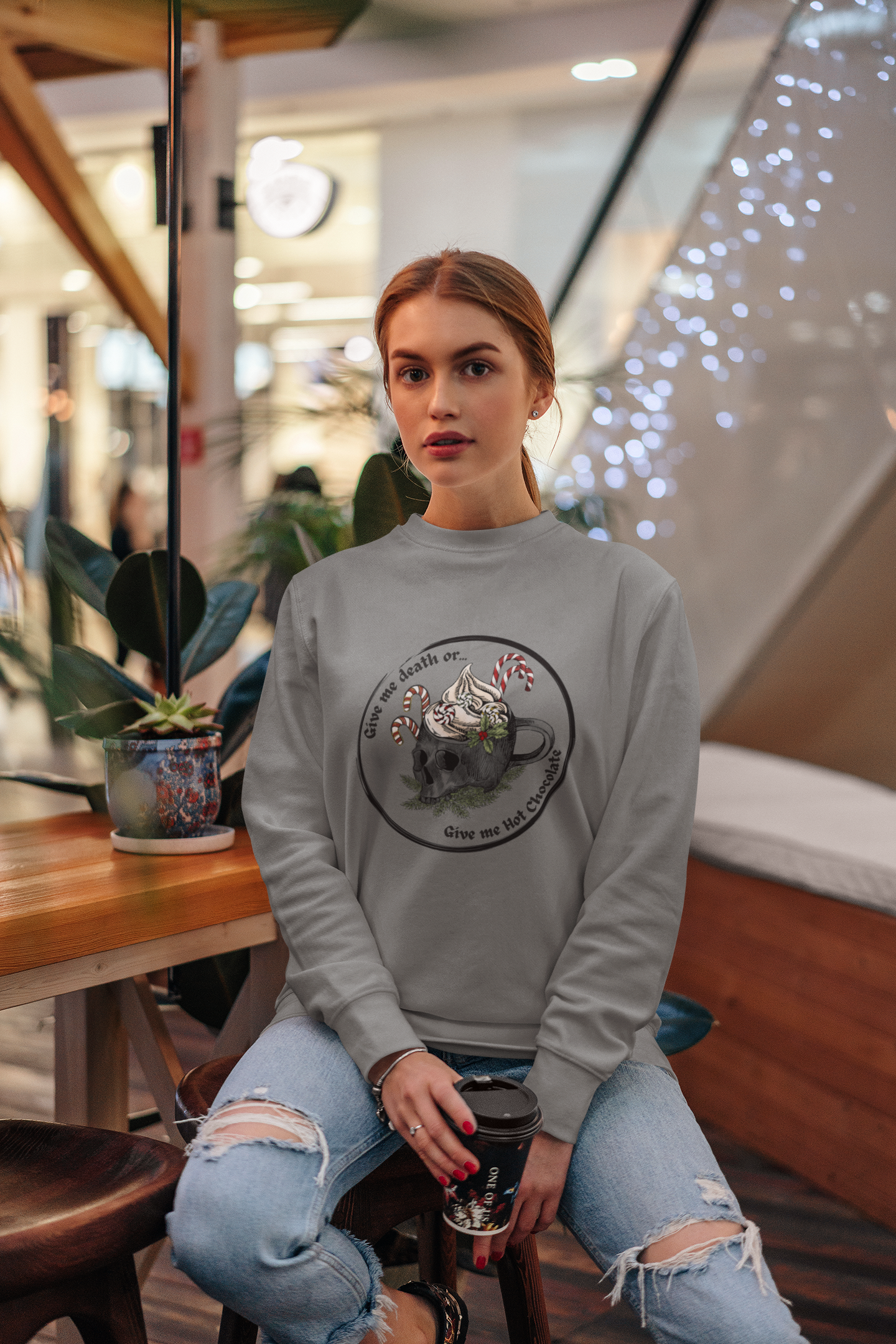 Give me death or give me hot chocolate! Get your hands on our comfortable and durable crewneck sweatshirt today.