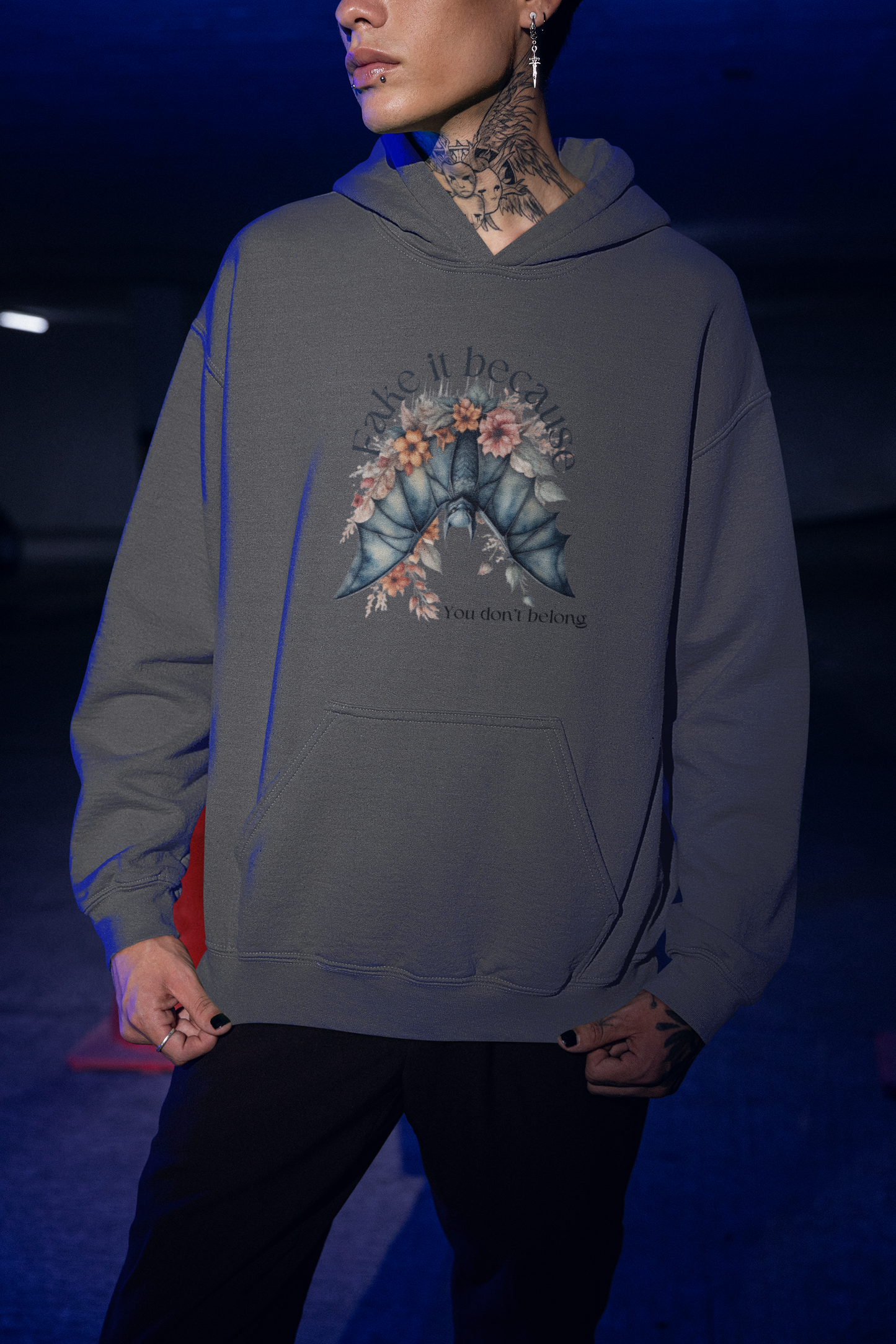 Add some edge to your wardrobe with our Fake it Floral Bats Hooded Sweatshirt - Unisex heavy blend - Stylish and practical for any occasion!