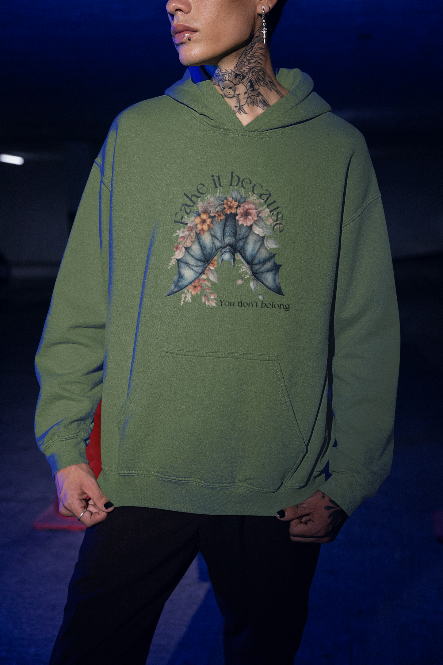 Add some edge to your wardrobe with our Fake it Floral Bats Hooded Sweatshirt - Unisex heavy blend - Stylish and practical for any occasion!