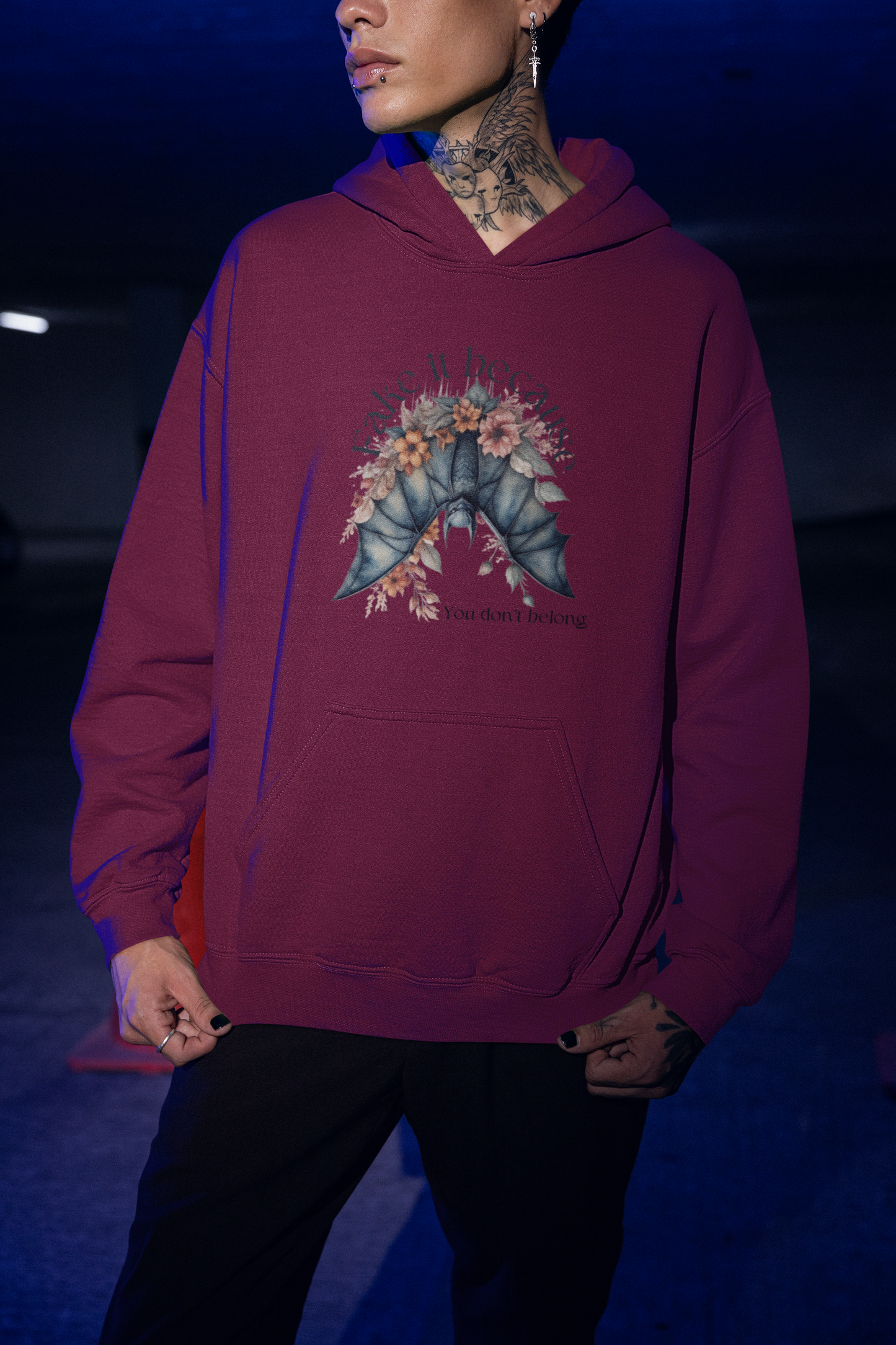 Add some edge to your wardrobe with our Fake it Floral Bats Hooded Sweatshirt - Unisex heavy blend - Stylish and practical for any occasion!