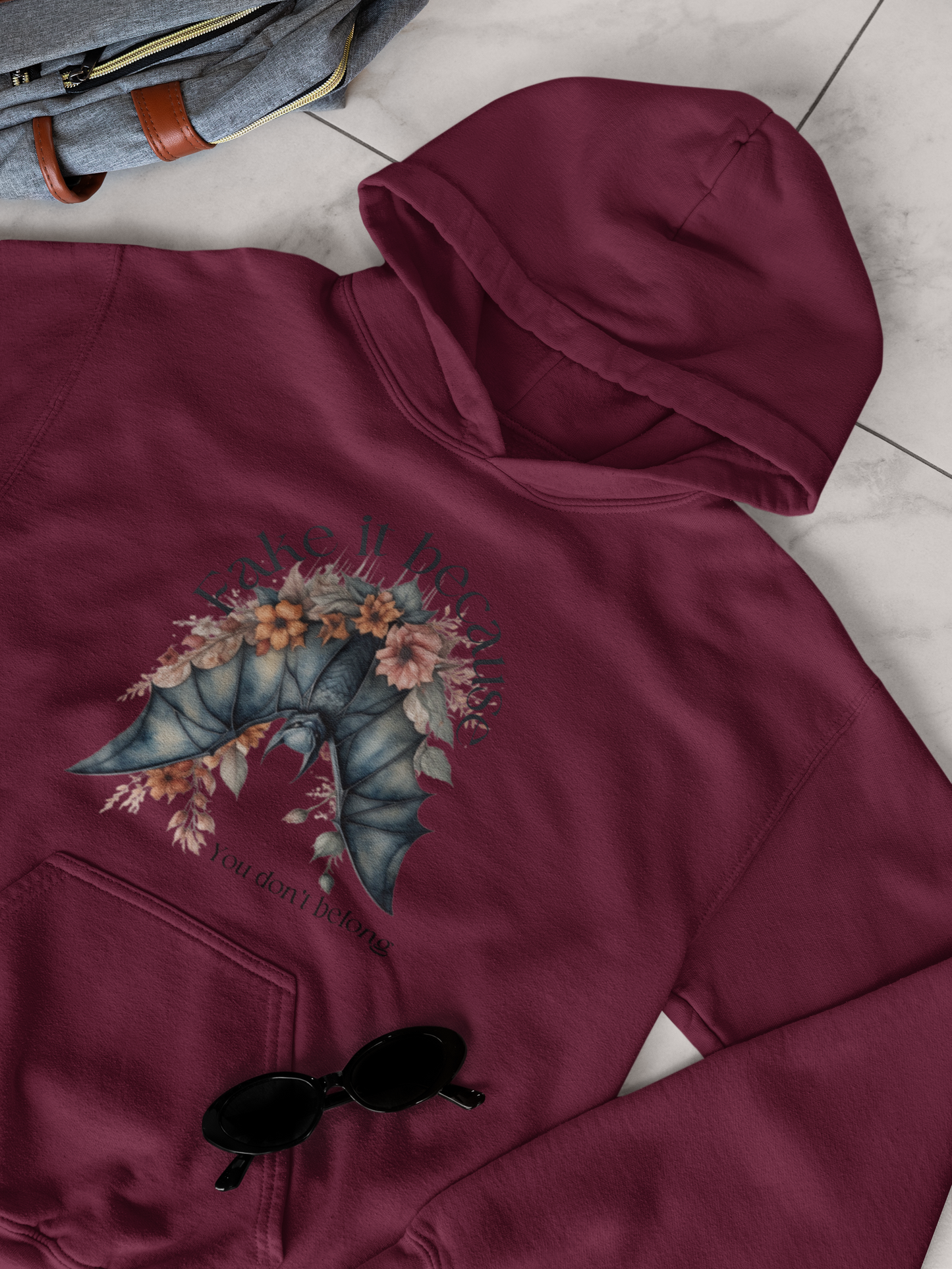 Add some edge to your wardrobe with our Fake it Floral Bats Hooded Sweatshirt - Unisex heavy blend - Stylish and practical for any occasion!