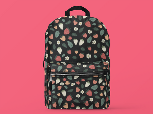 White and Red Strawberry Printed Backpack