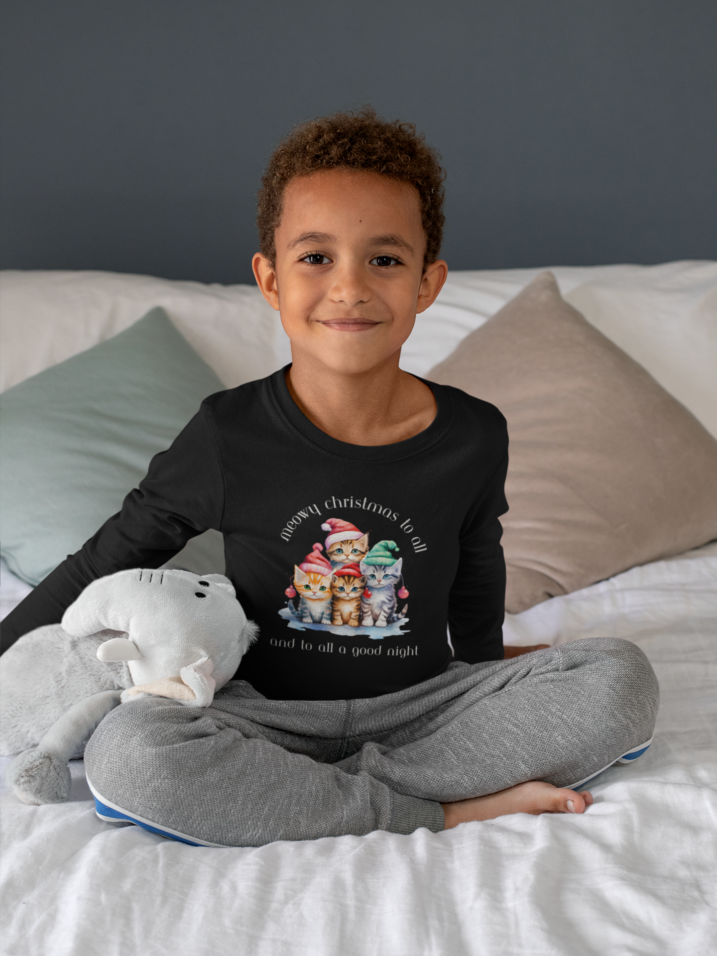 Meowy Christmas to All! Youth Long Sleeve Tee - Holiday Kids Fashion - Cat Christmas Tree Design
