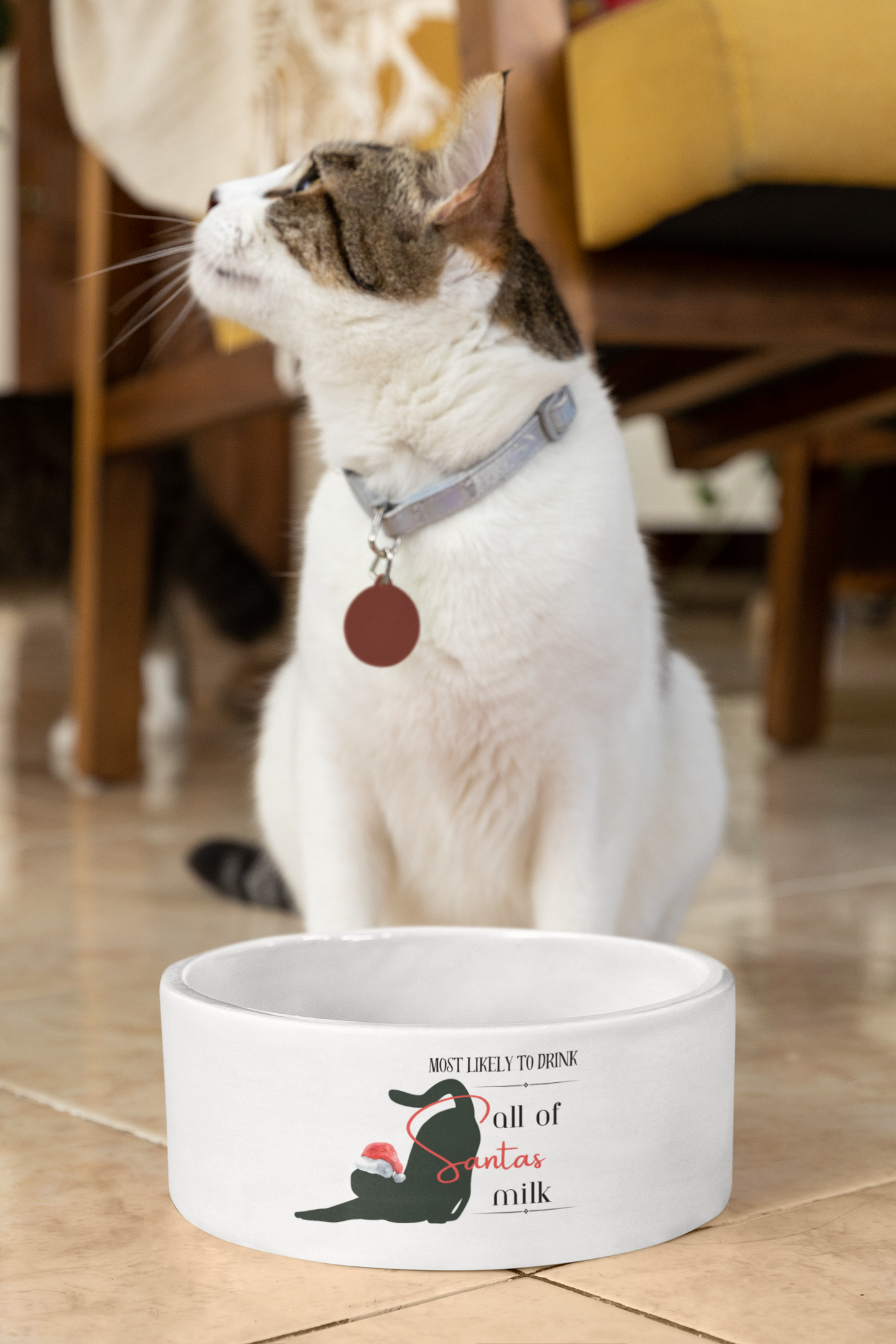 Christmas Season Pet Bowl | Most Likely to Drink Santa's Milk | White Ceramic Pet Dish