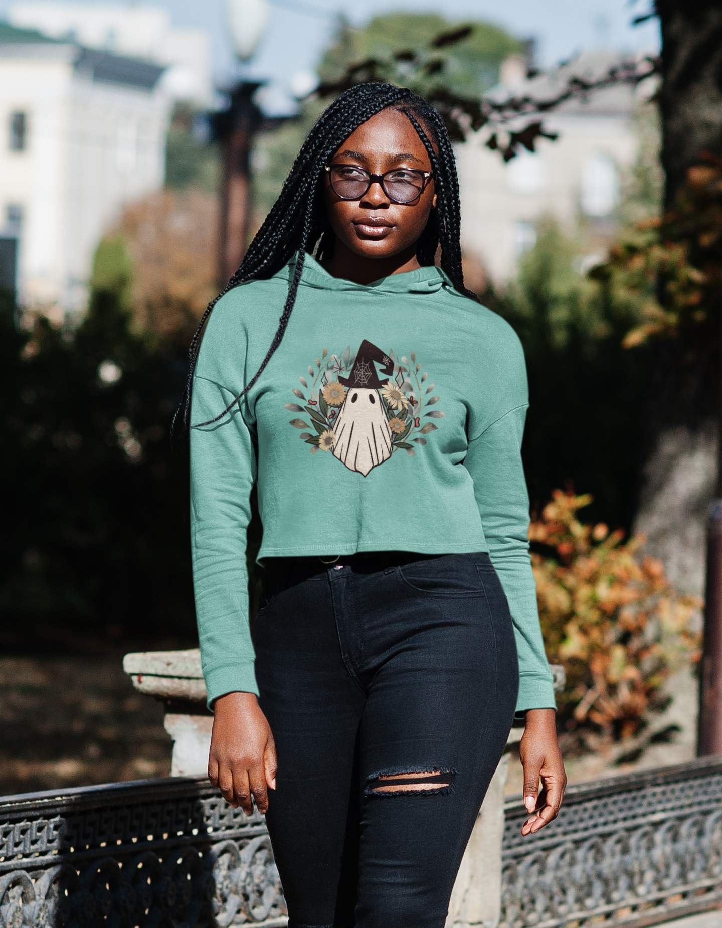 Upgrade Your Daily Style with our Retro Ghost Womens Cropped Hooded Sweatshirt - Trendy and Soft