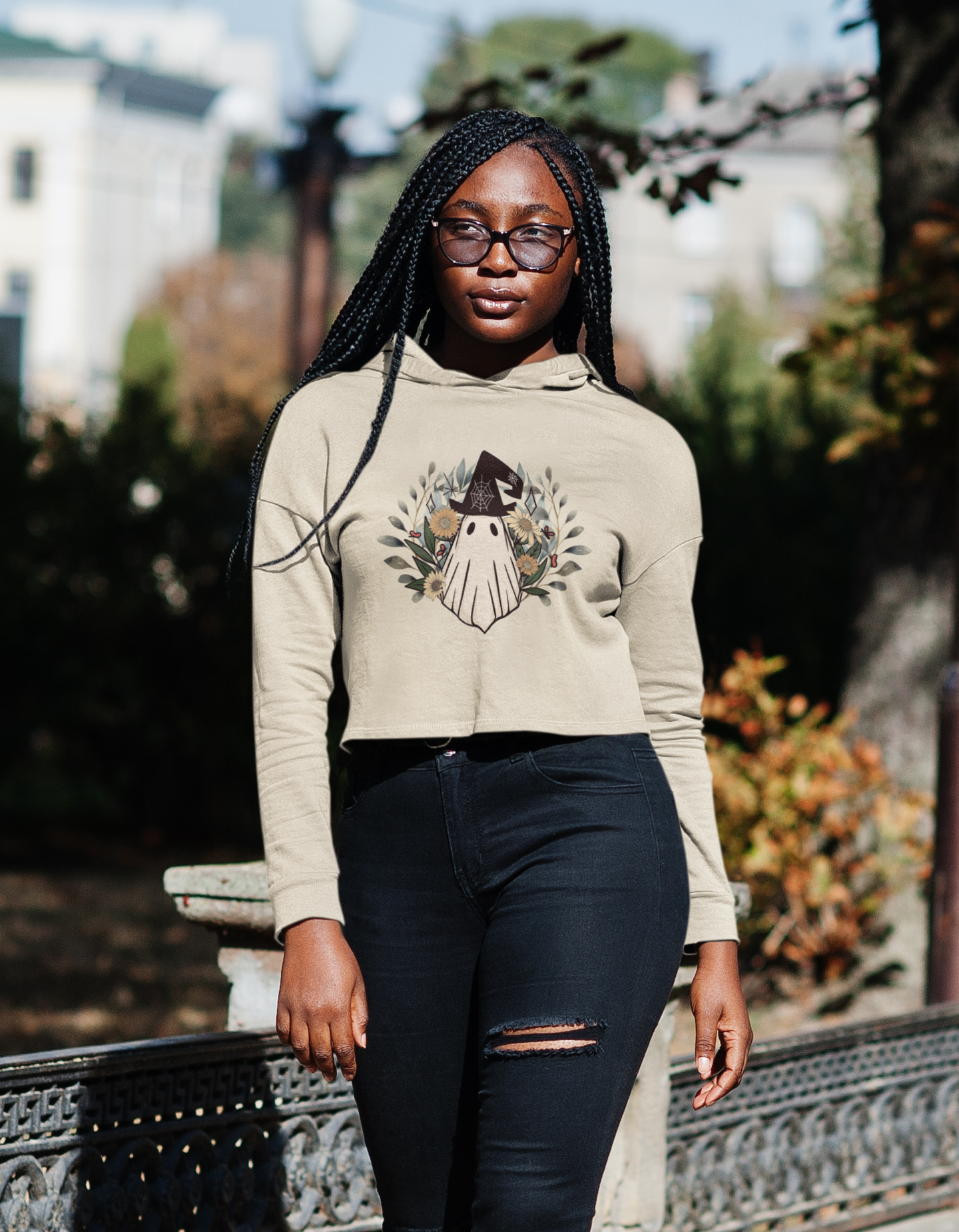 Upgrade Your Daily Style with our Retro Ghost Womens Cropped Hooded Sweatshirt - Trendy and Soft