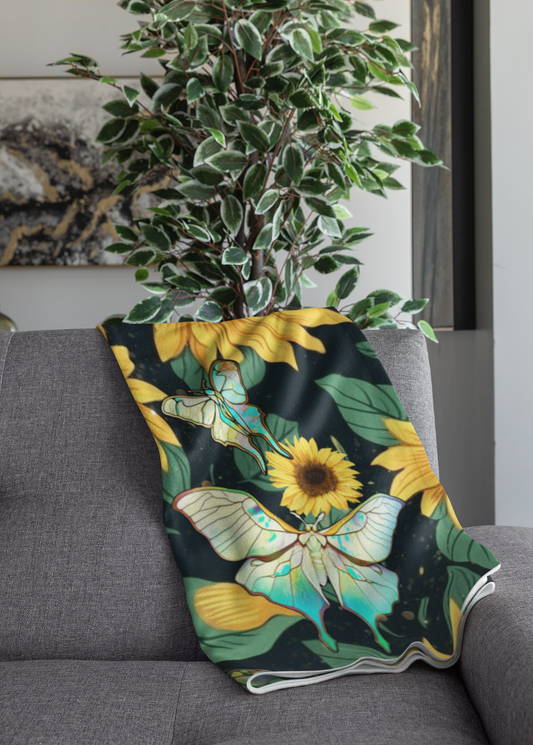 Soft and Luxurious Sunflower and Luna Moth Velveteen Blanket - Perfect for Bringing the Outdoors In