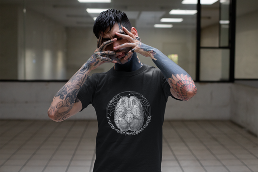 Anatomical Brain Illustration T-Shirt | Geometric Circle, Handwritten Script
