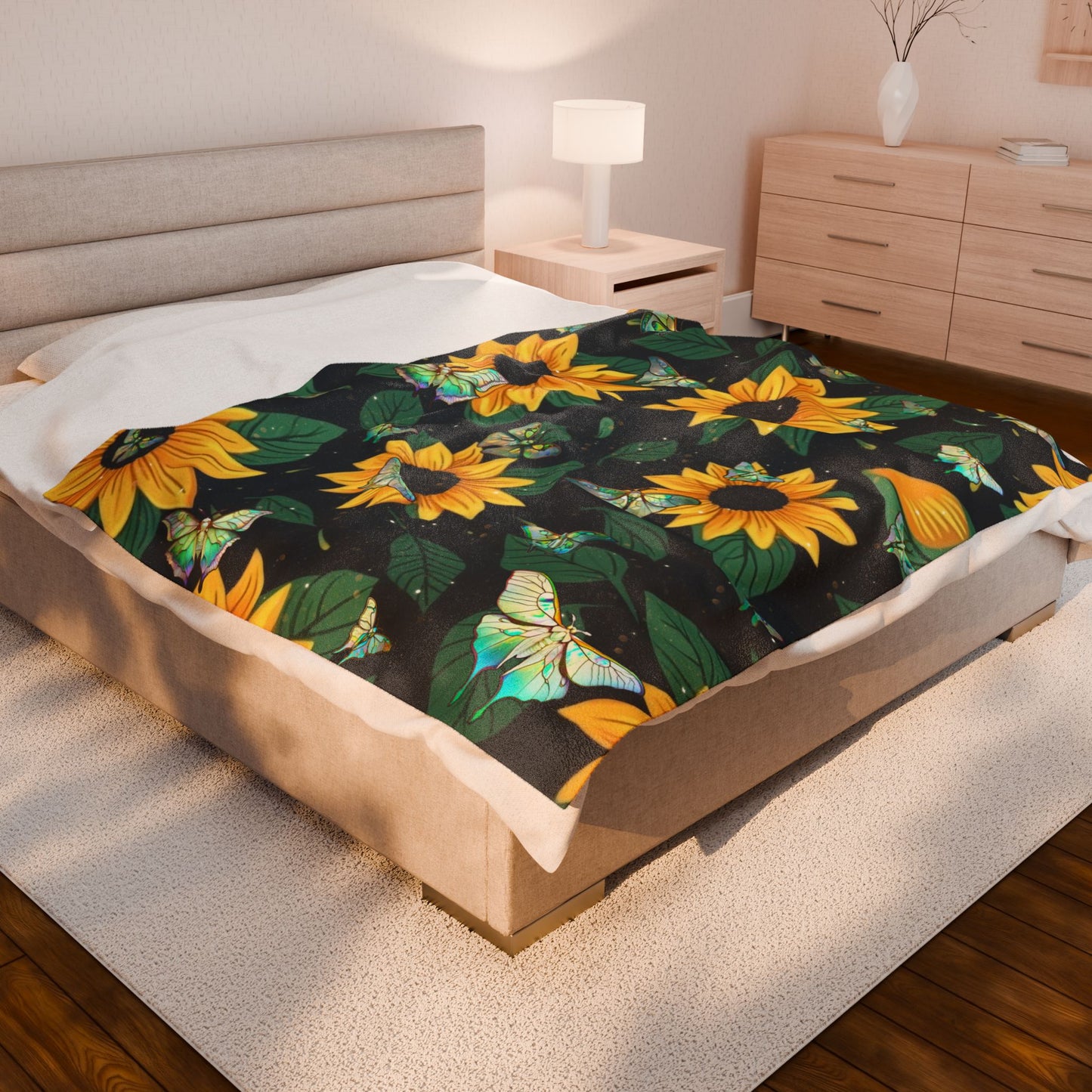 Soft and Luxurious Sunflower and Luna Moth Velveteen Blanket - Perfect for Bringing the Outdoors In