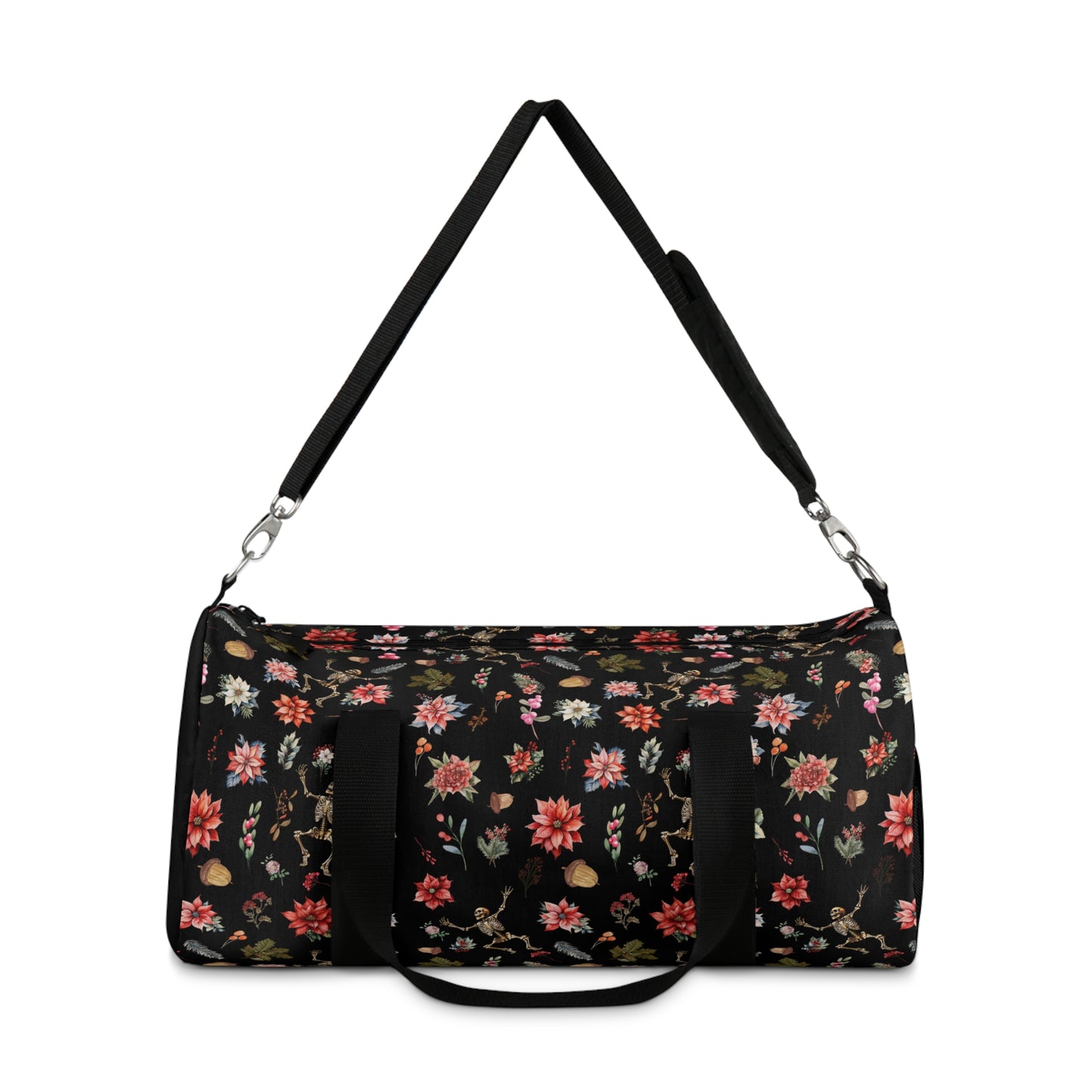 Skeleton and Poinsetta Christmas Duffle Bag - Lightweight Custom Printed Gym Bag for Holiday Cheer
