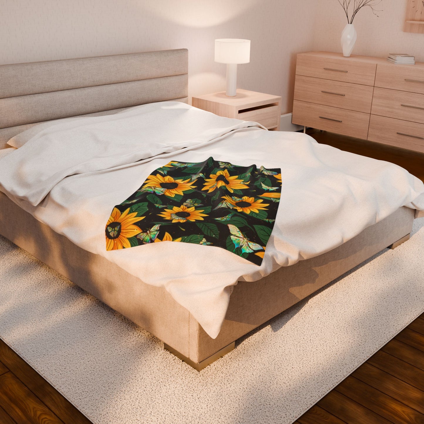 Soft and Luxurious Sunflower and Luna Moth Velveteen Blanket - Perfect for Bringing the Outdoors In