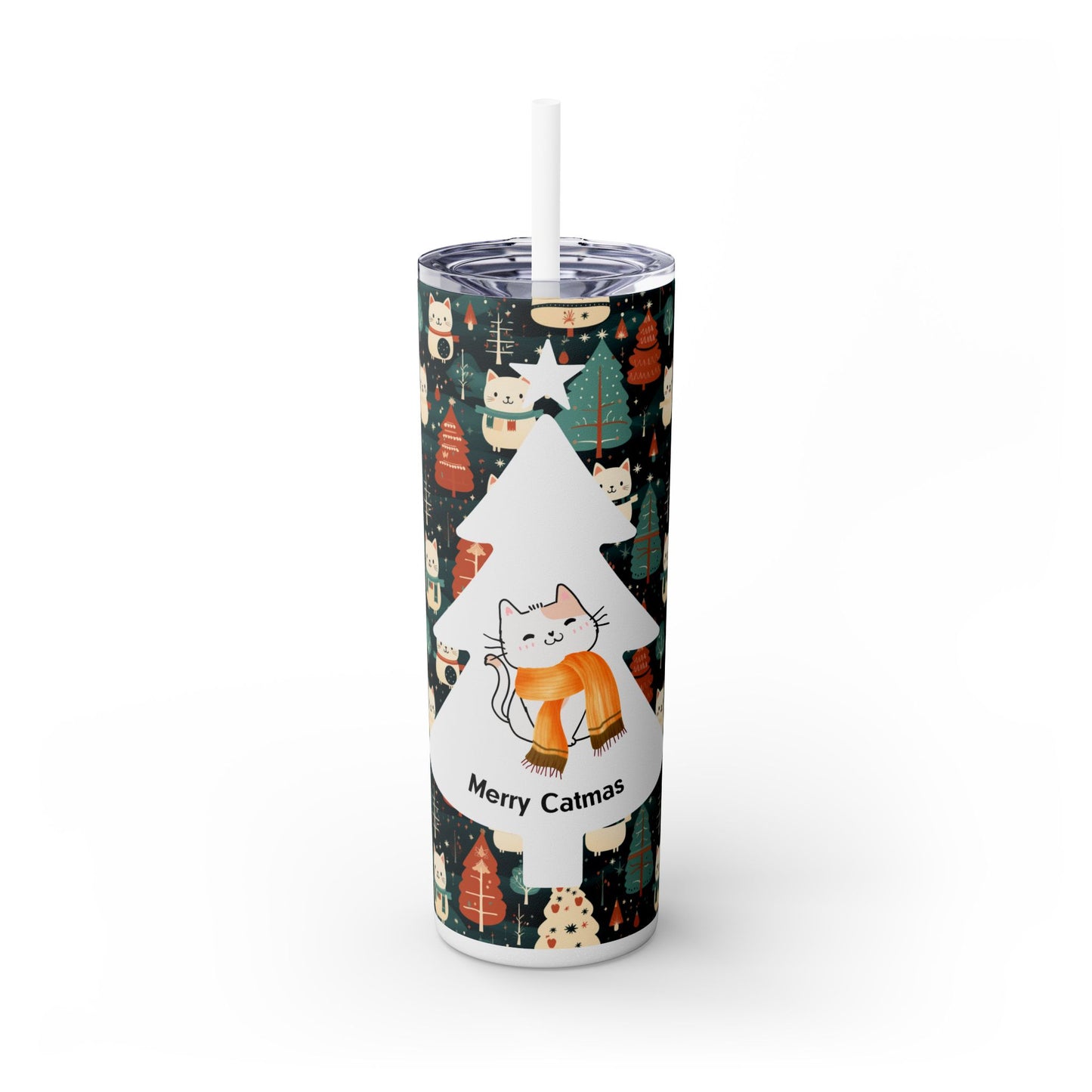 Cute Cat Lover Gift - Merry Catmas Skinny Tumbler with Straw 20oz