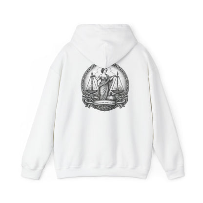 Lady Justice Illustration Hoodie | Scales of Justice Back Print