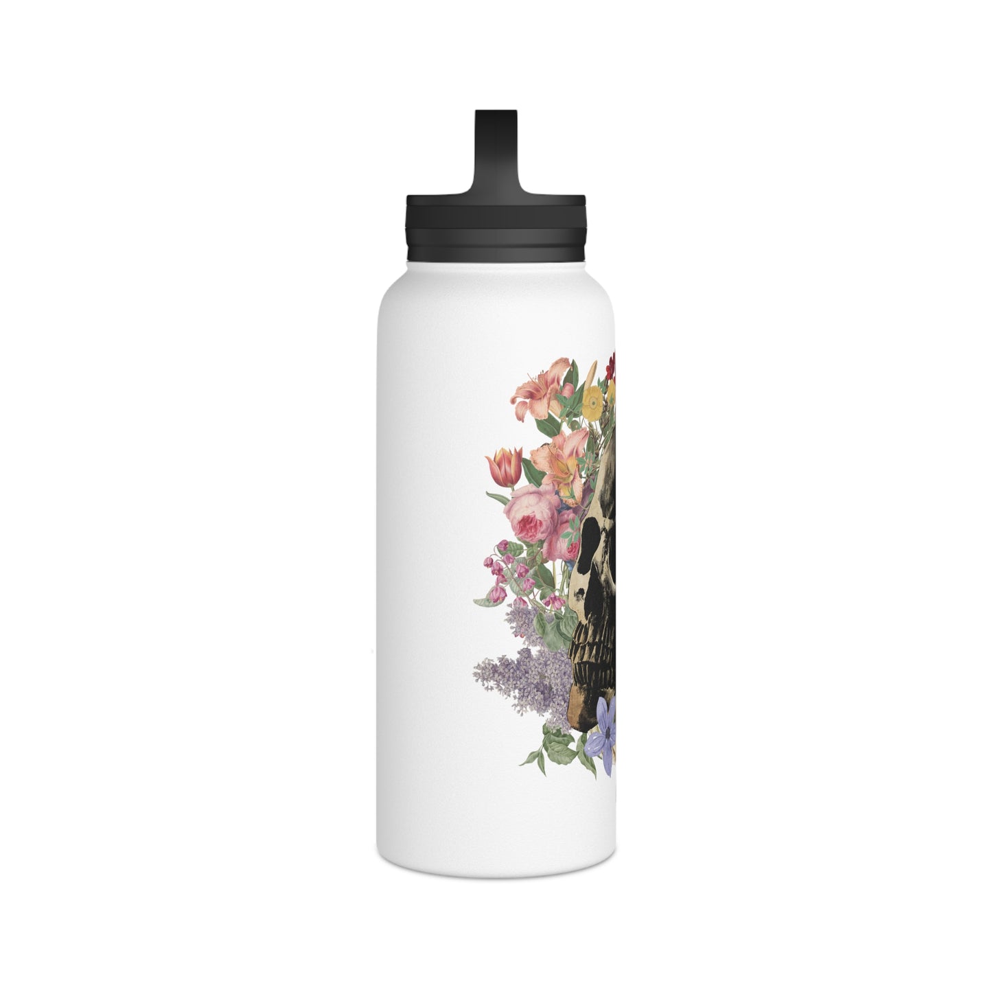 Floral Skull Illustration Stainless Steel Water Bottle | Handle Lid