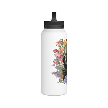 Floral Skull Illustration Stainless Steel Water Bottle | Handle Lid
