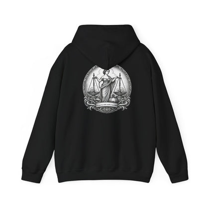 Lady Justice Illustration Hoodie | Scales of Justice Back Print