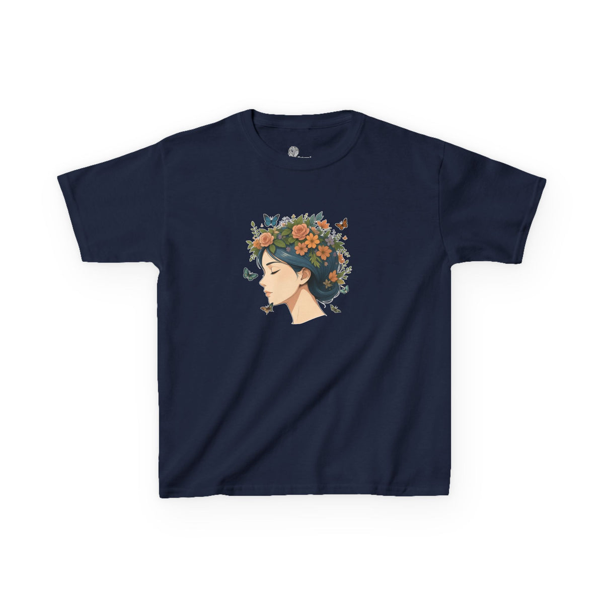 Floral Crown Girl Kids Tee | Butterfly Portrait, Botanical Illustration