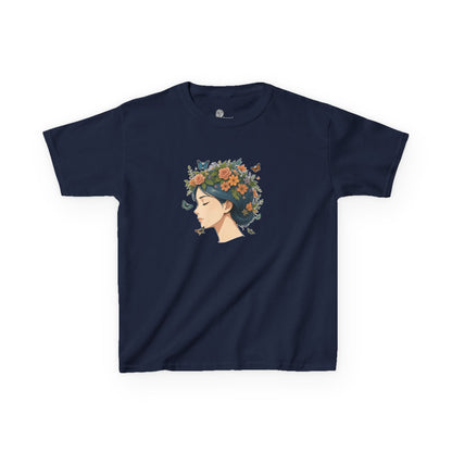 Floral Crown Girl Kids Tee | Butterfly Portrait, Botanical Illustration