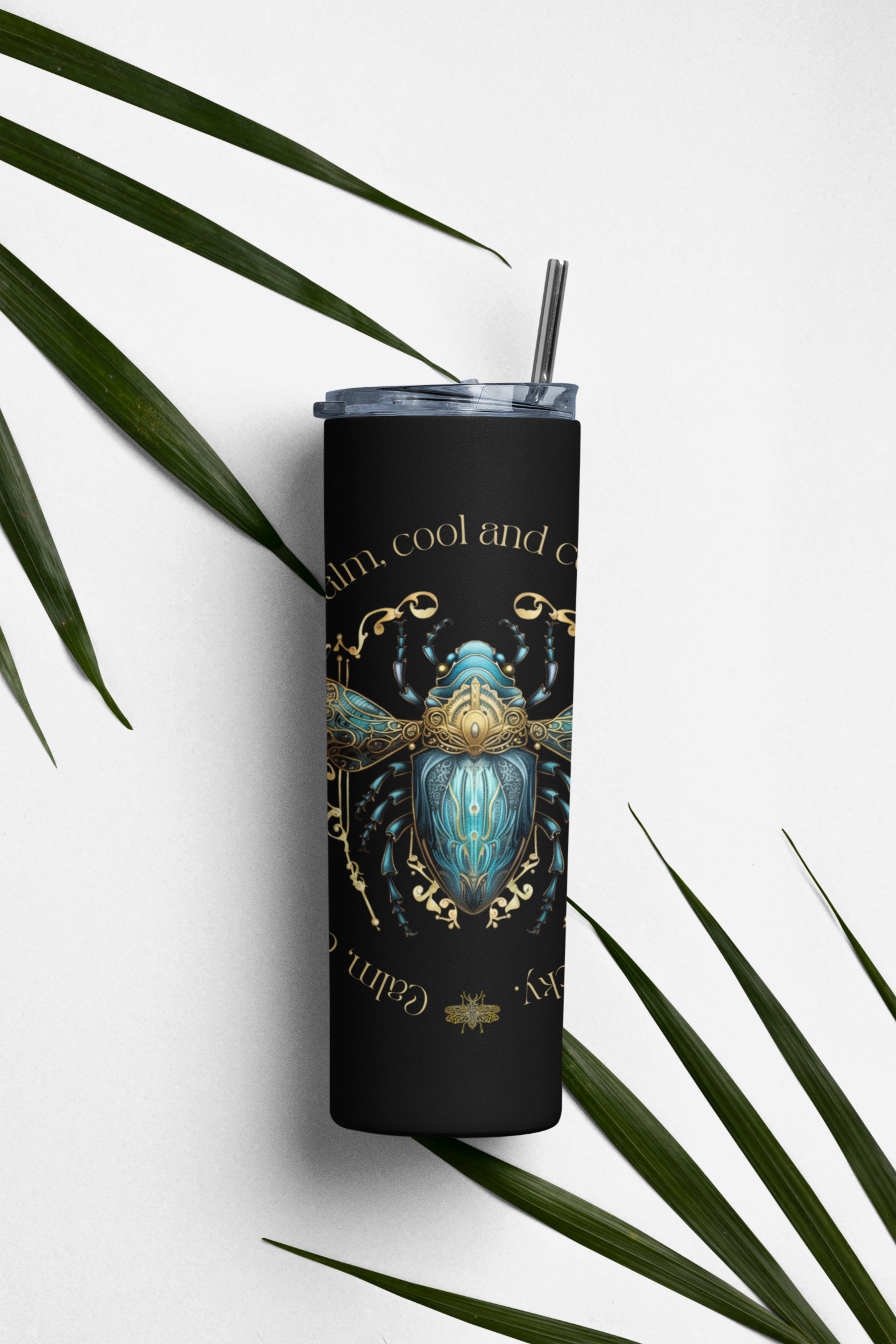 Glittery Gloss Finish Skinny Tumbler with Straw - Keep Calm and Stay Cool (20oz)