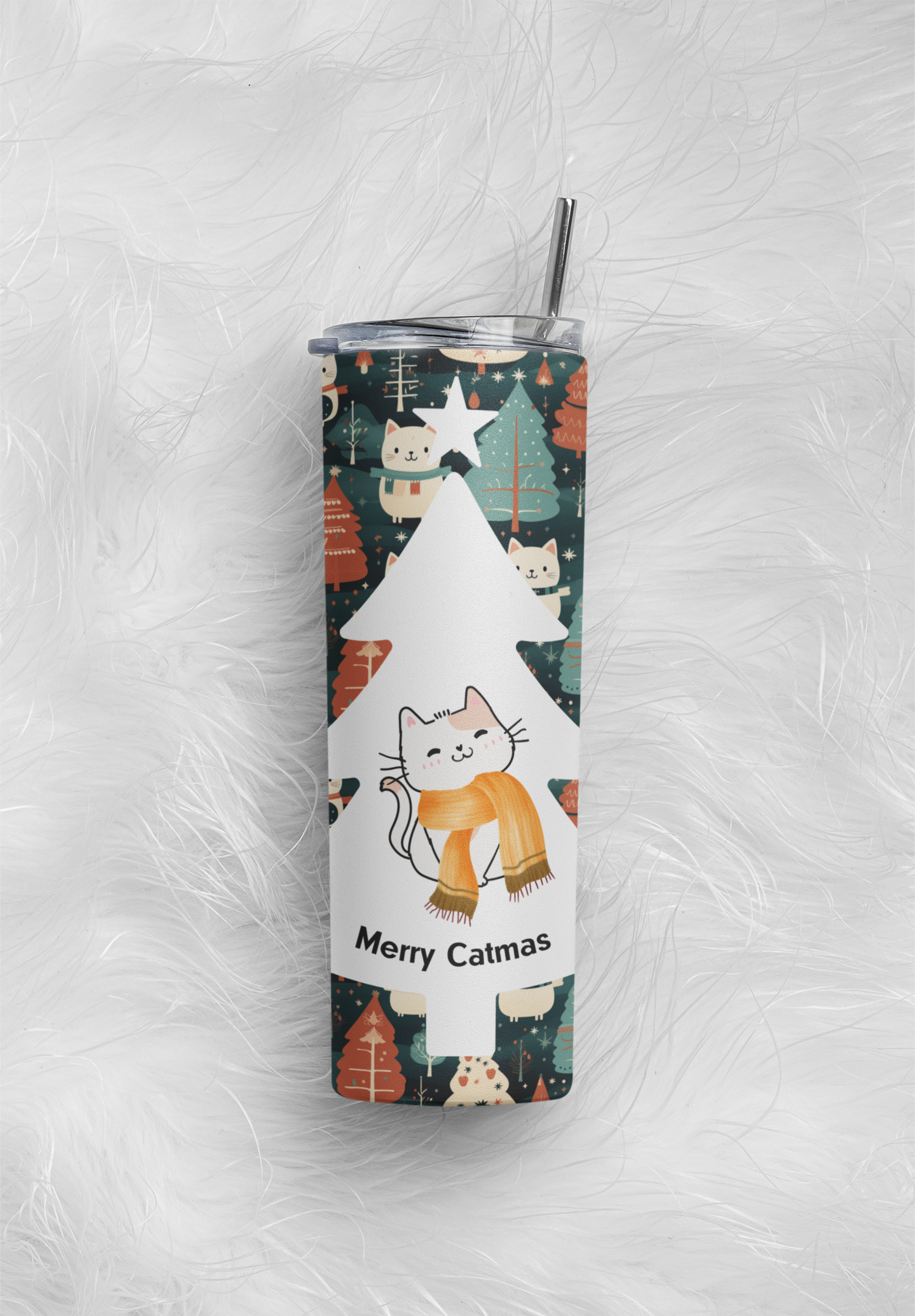 Cute Cat Lover Gift - Merry Catmas Skinny Tumbler with Straw 20oz