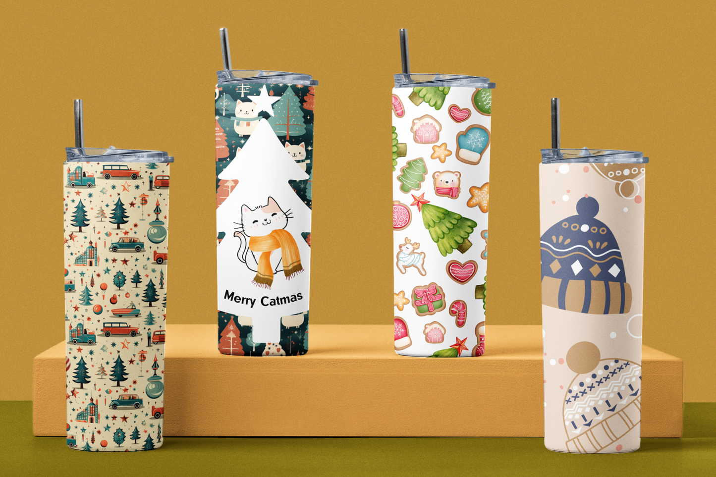 Cute Cat Lover Gift - Merry Catmas Skinny Tumbler with Straw 20oz