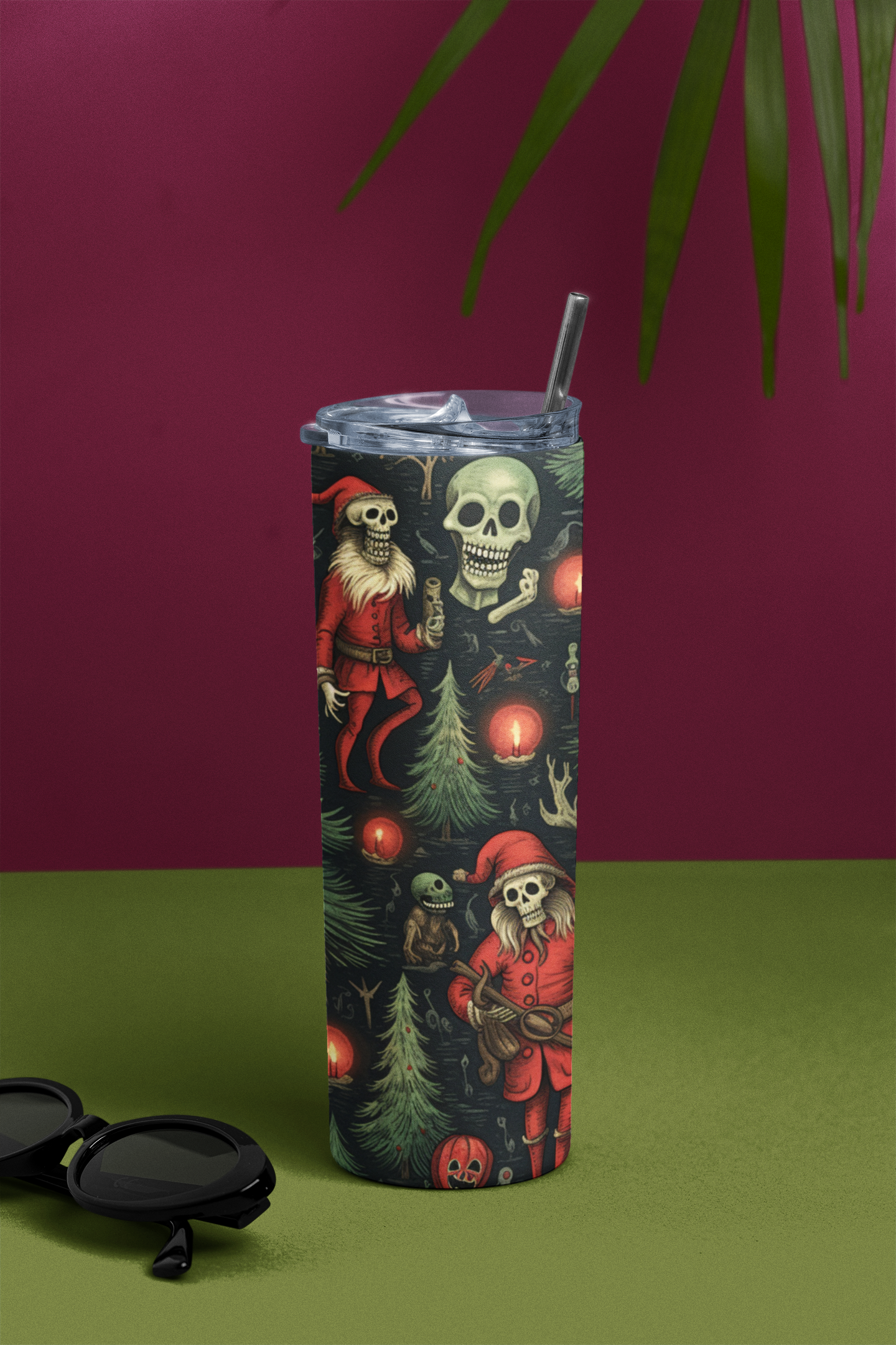 Krampus Santa Skeleton Skinny Tumbler with Straw | Stainless Steel | Hot 12h Cold 24h