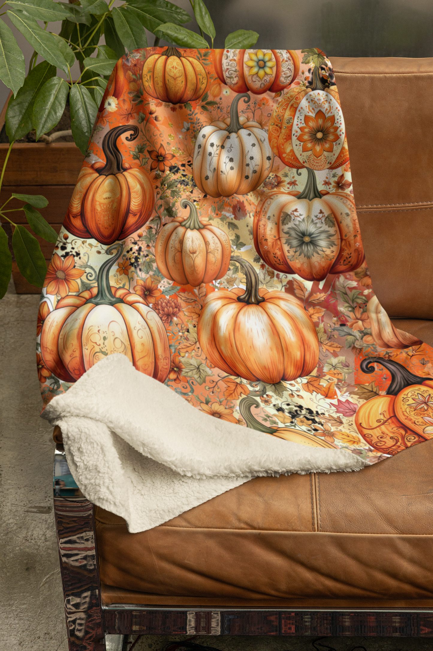 Cozy Pumpkin Patch Sherpa Blanket - Soft Polyester Front, Sherpa Back - Choice of Beige or Grey