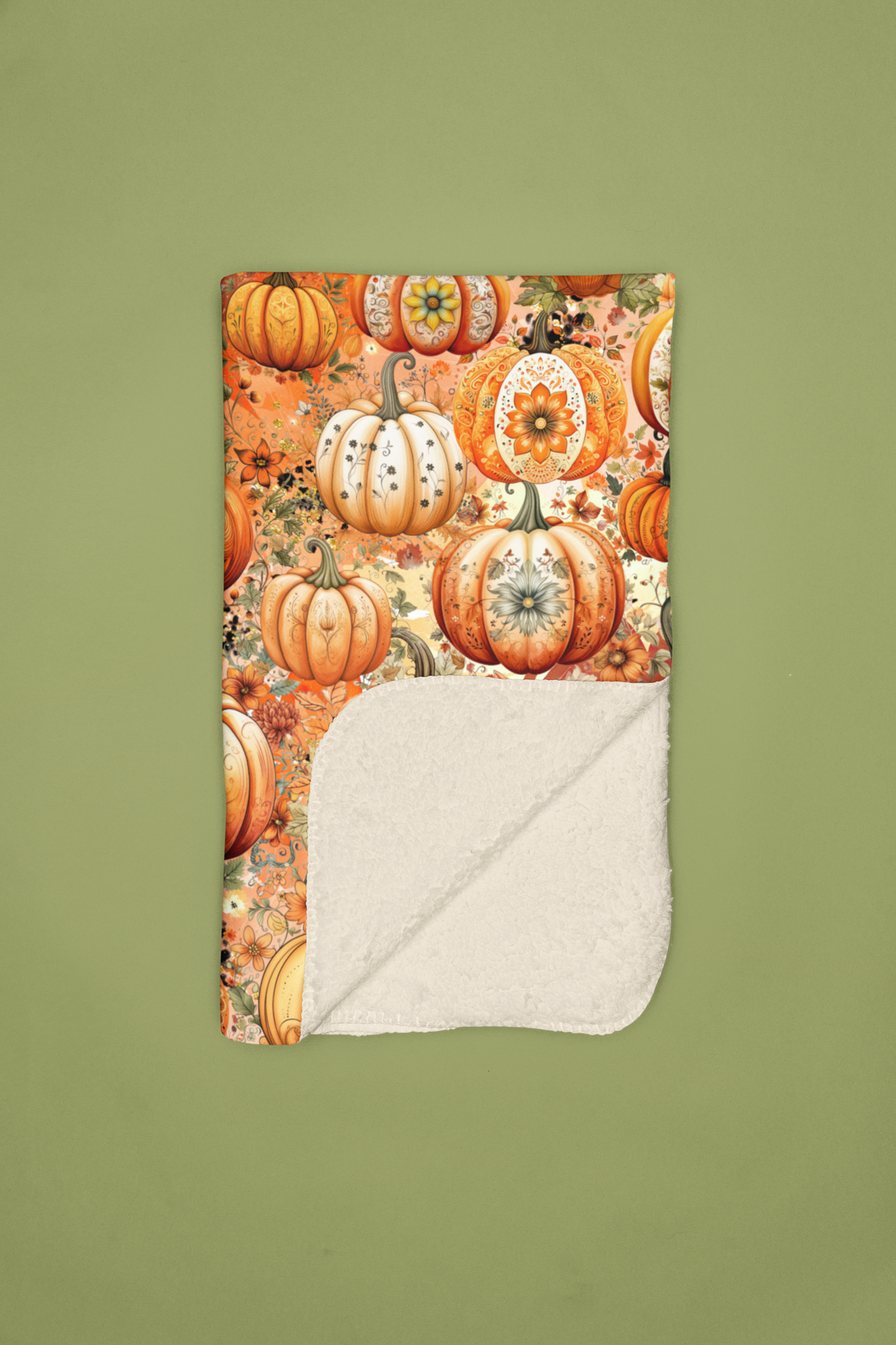 Cozy Pumpkin Patch Sherpa Blanket - Soft Polyester Front, Sherpa Back - Choice of Beige or Grey