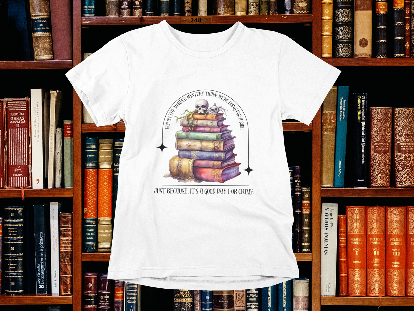 Skull and Book Unisex Tee - Murder Mystery Lover's Gift - Bookworm Apparel