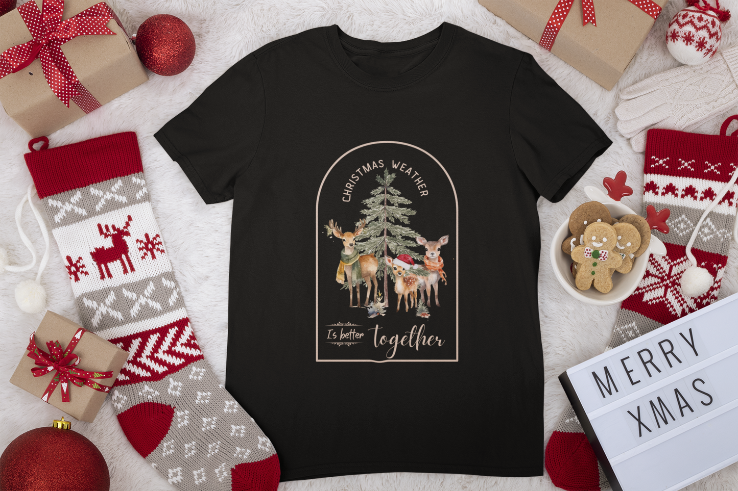 Christmas Deer Family Graphic Tee - Cozy Airlume Cotton Blend - Unisex Fit