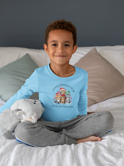 Meowy Christmas to All! Youth Long Sleeve Tee - Holiday Kids Fashion - Cat Christmas Tree Design