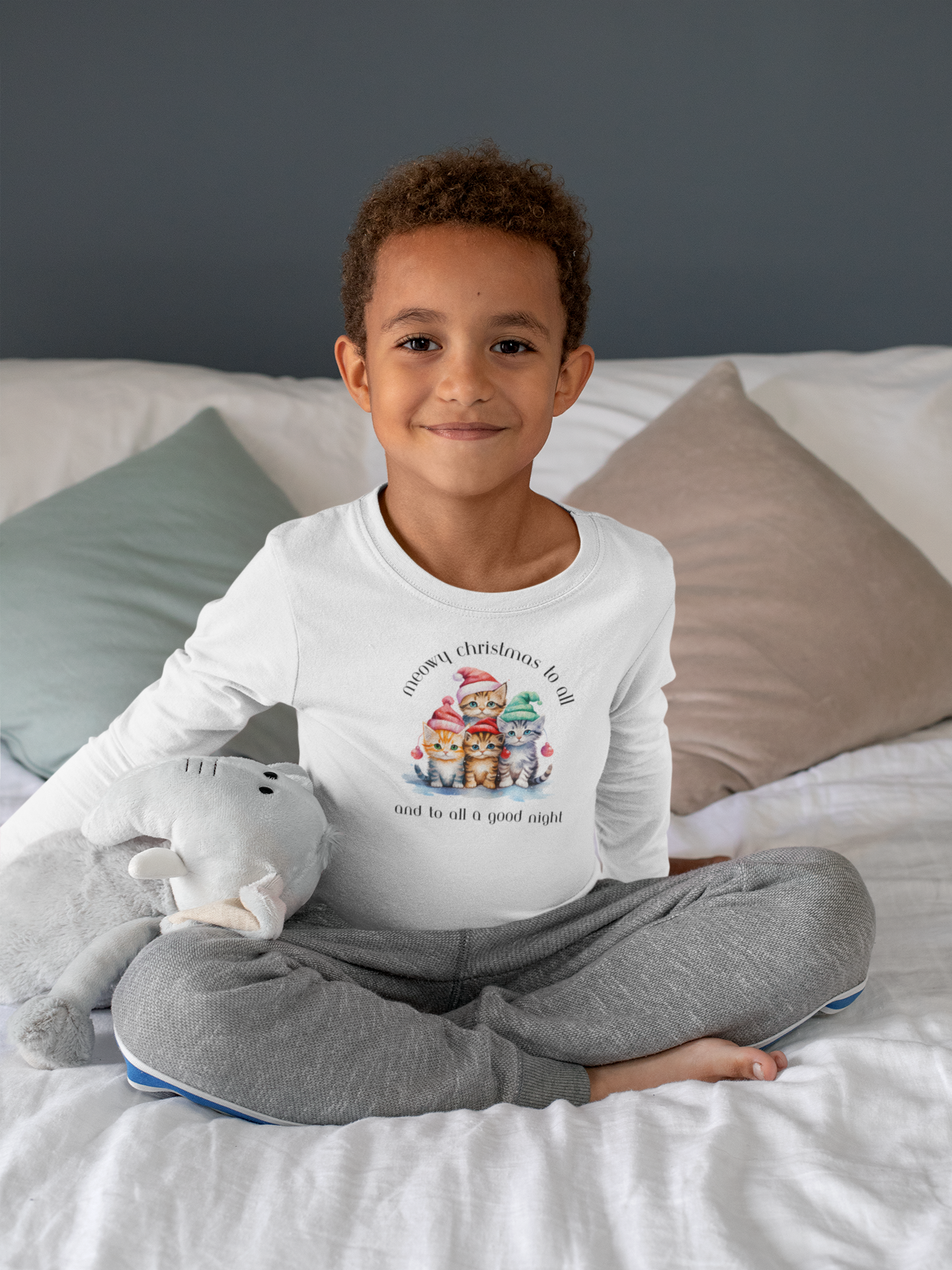 Meowy Christmas to All! Youth Long Sleeve Tee - Holiday Kids Fashion - Cat Christmas Tree Design