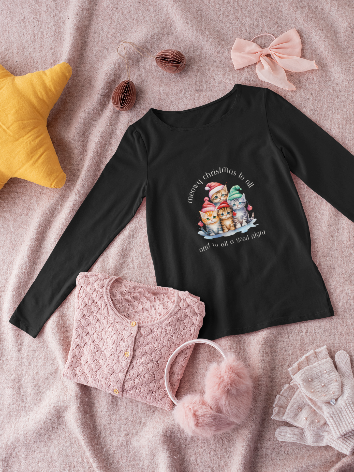 Meowy Christmas to All! Youth Long Sleeve Tee - Holiday Kids Fashion - Cat Christmas Tree Design