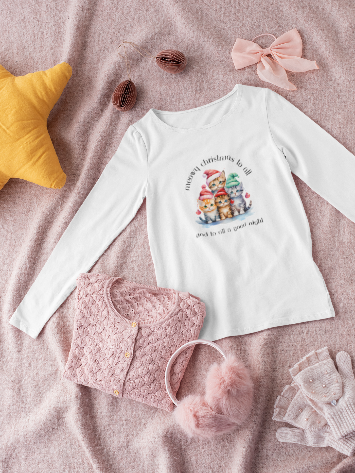 Meowy Christmas to All! Youth Long Sleeve Tee - Holiday Kids Fashion - Cat Christmas Tree Design