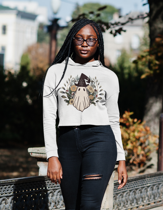 Upgrade Your Daily Style with our Retro Ghost Womens Cropped Hooded Sweatshirt - Trendy and Soft