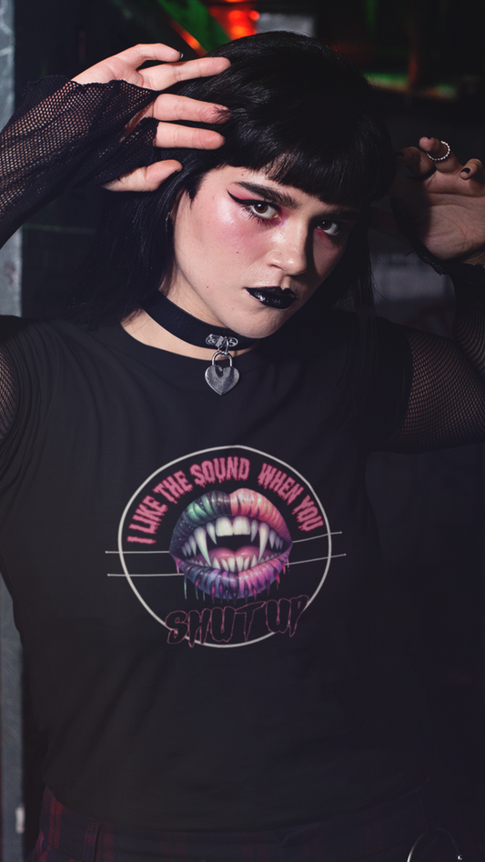 Neon Vamp Mouth Illustration T-Shirt | 'I Love the Sound When You Shut Up'