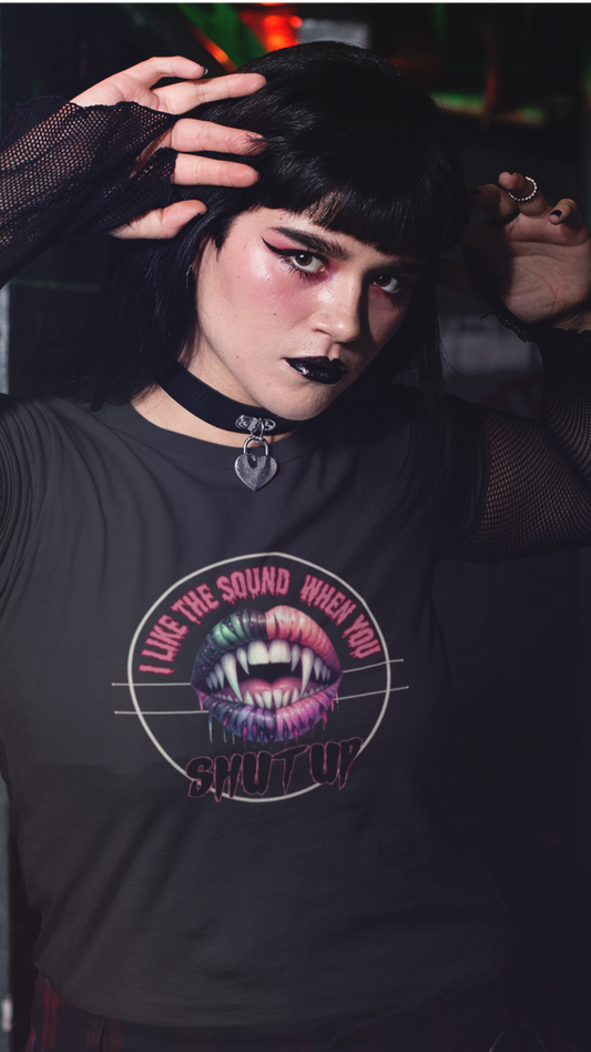 Neon Vamp Mouth Illustration T-Shirt | 'I Love the Sound When You Shut Up'