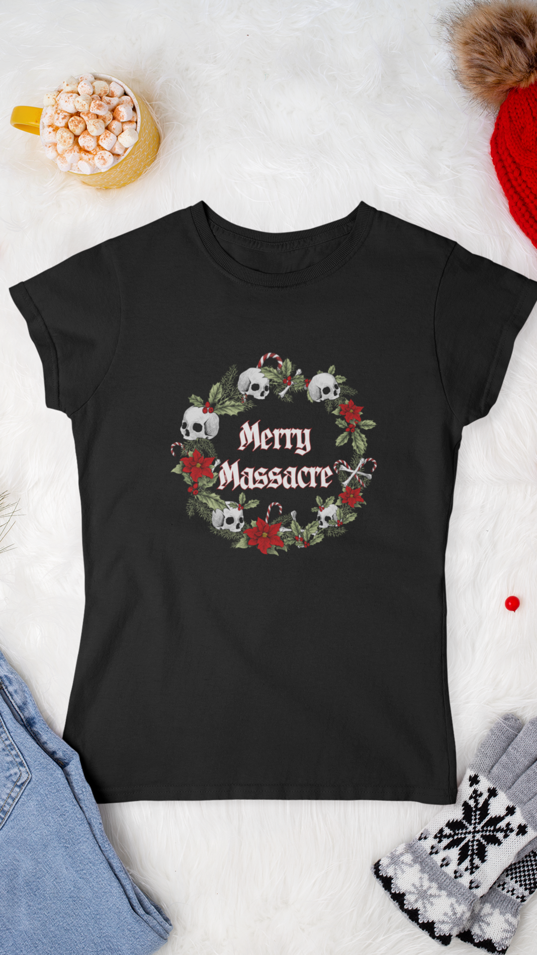 Merry Massacre skull wreath T-Shirt | Christmas horror holiday tee