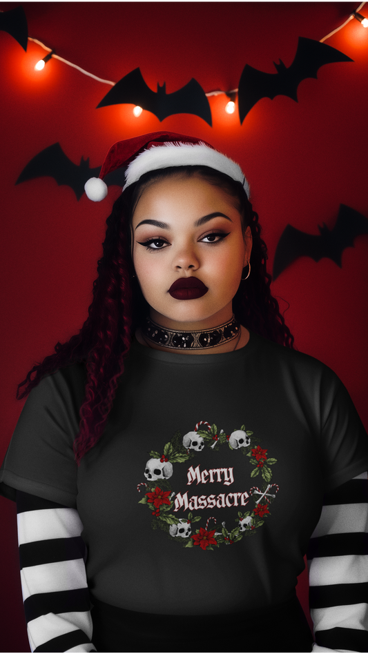 Merry Massacre skull wreath T-Shirt | Christmas horror holiday tee