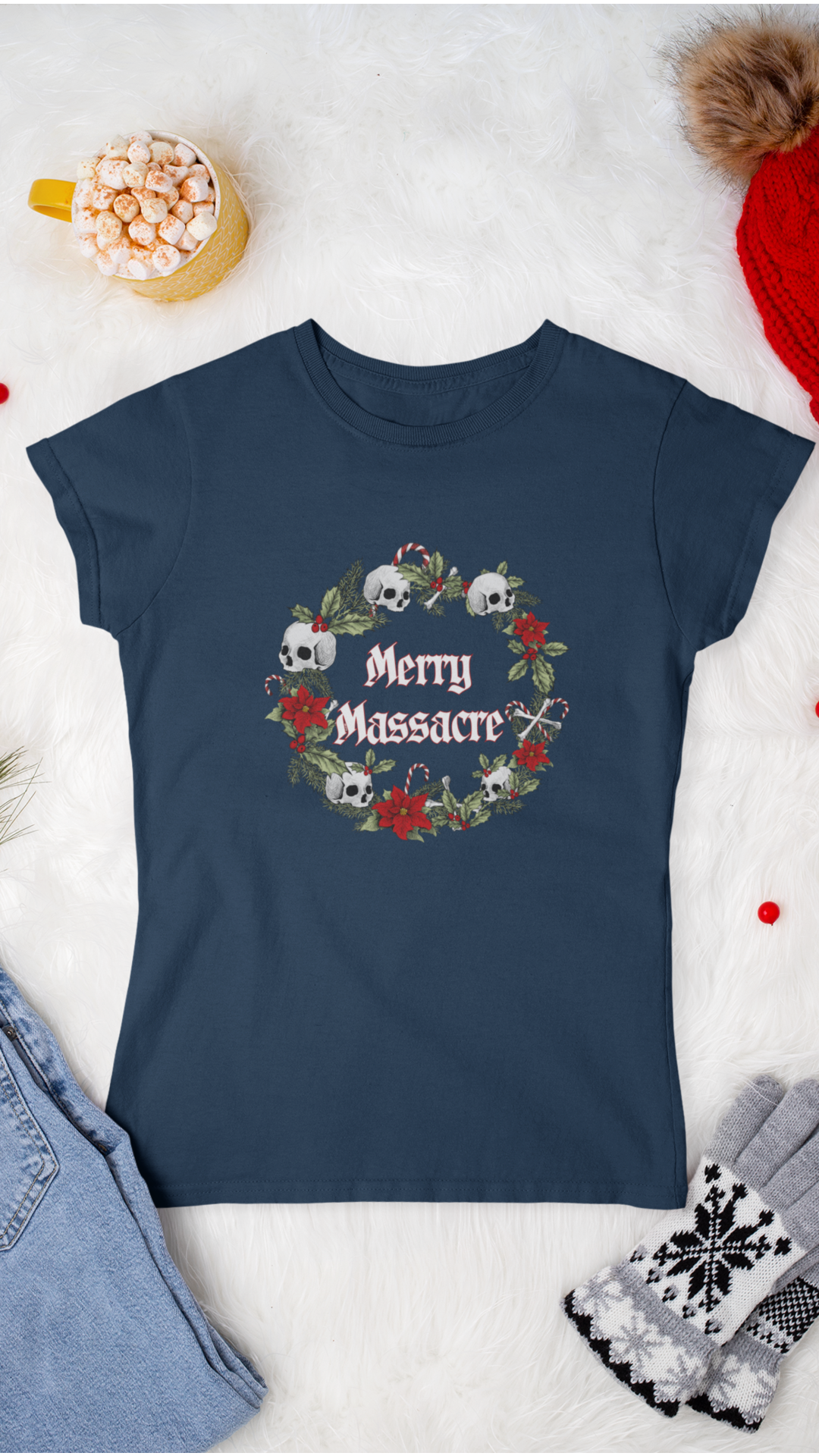 Merry Massacre skull wreath T-Shirt | Christmas horror holiday tee