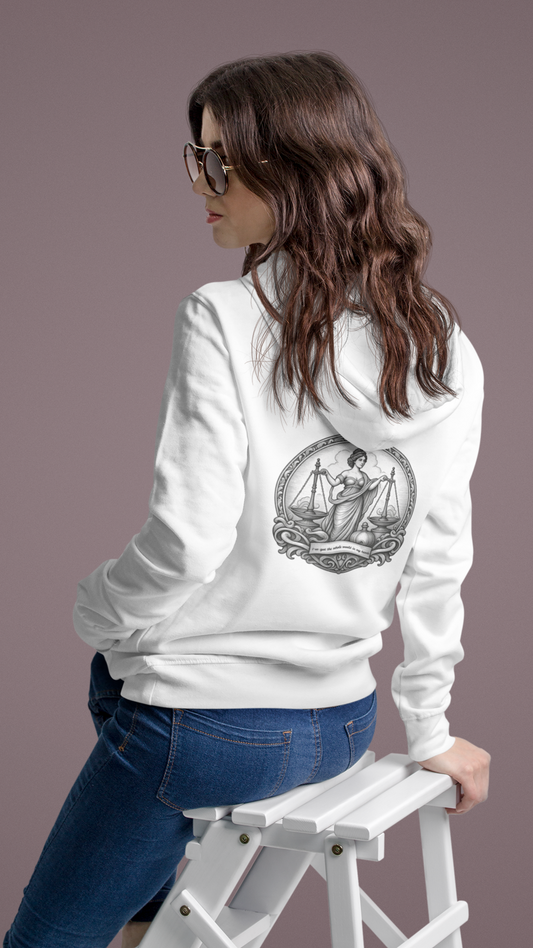 Lady Justice Illustration Hoodie | Scales of Justice Back Print